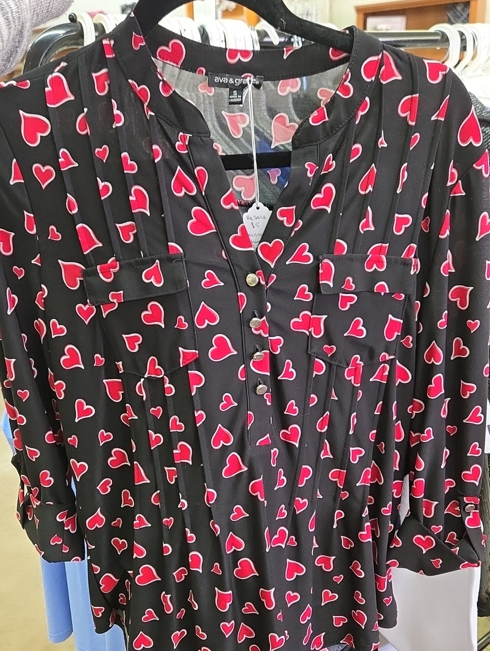 Ava & Viv Black Blouse with Red and Pink Heart Print